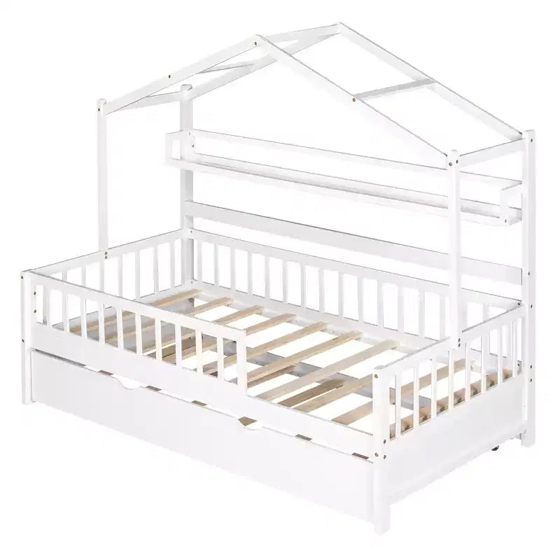 Letto a capanna con letto estraibile e ripiani, letto a piattaforma per bambini con sponde, struttura in legno a forma di tenda da gioco per ragazze e ragazzi, bianco