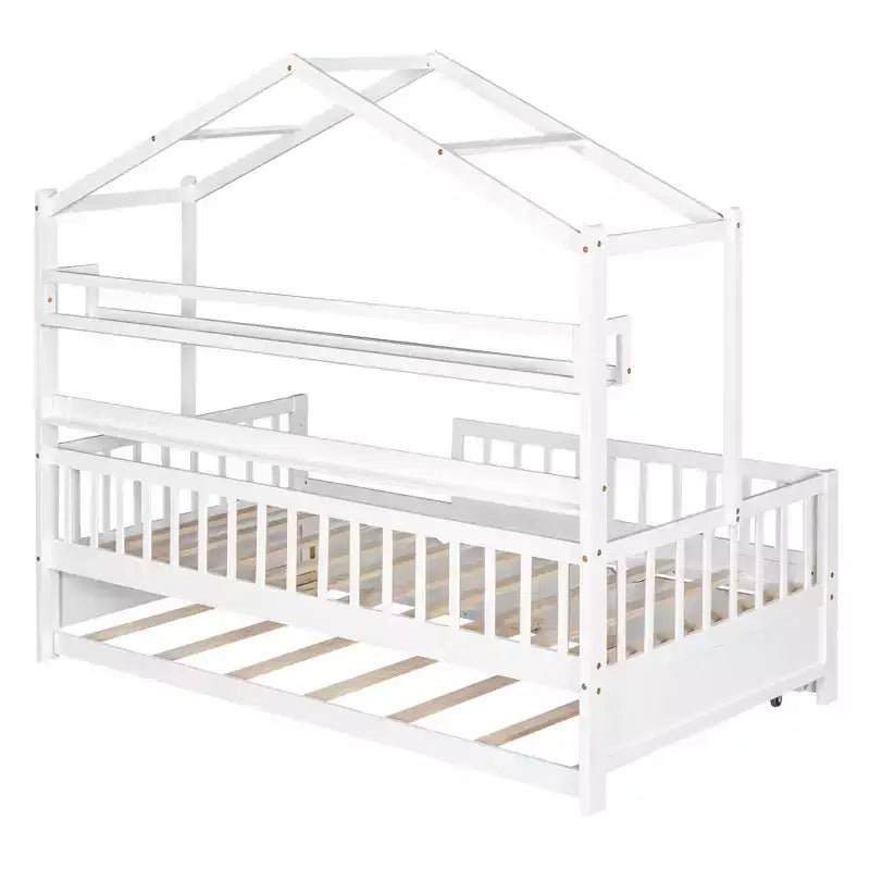 Letto a capanna con letto estraibile e ripiani, letto a piattaforma per bambini con sponde, struttura in legno a forma di tenda da gioco per ragazze e ragazzi, bianco