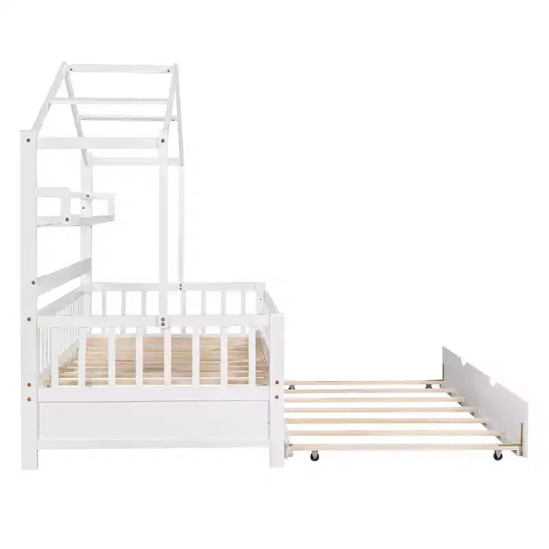 Letto a capanna con letto estraibile e ripiani, letto a piattaforma per bambini con sponde, struttura in legno a forma di tenda da gioco per ragazze e ragazzi, bianco