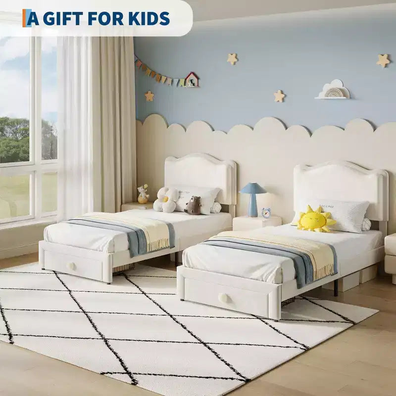 Struttura letto singolo imbottita per bambini con cassetti portaoggetti e testiera smerlata, robuste doghe in legno per supporto, mobili per la camera dei bambini