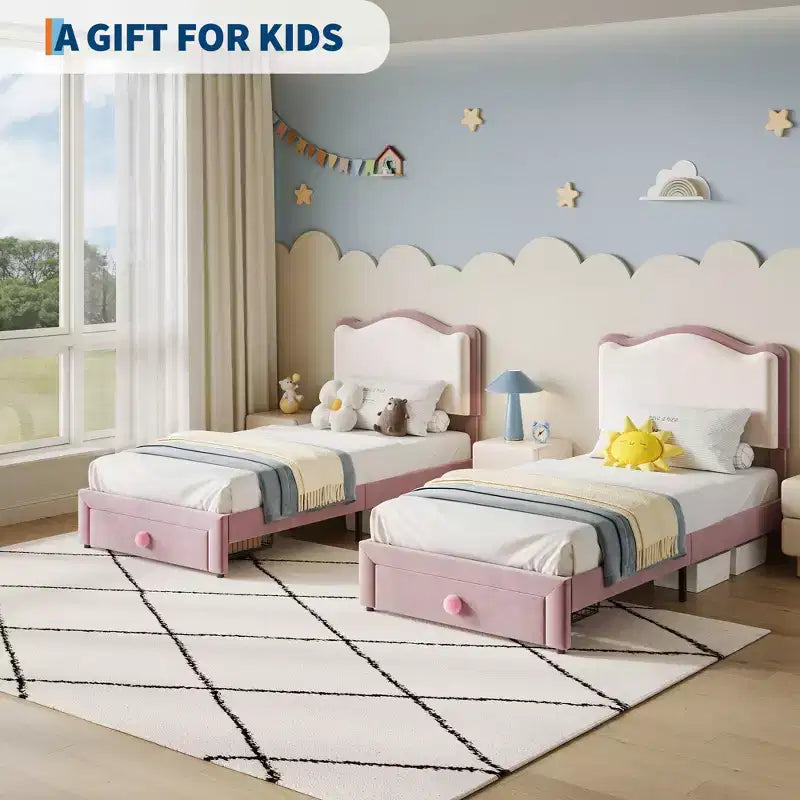 Struttura letto singolo imbottita per bambini con cassetti portaoggetti e testiera smerlata, robuste doghe in legno per supporto, mobili per la camera dei bambini