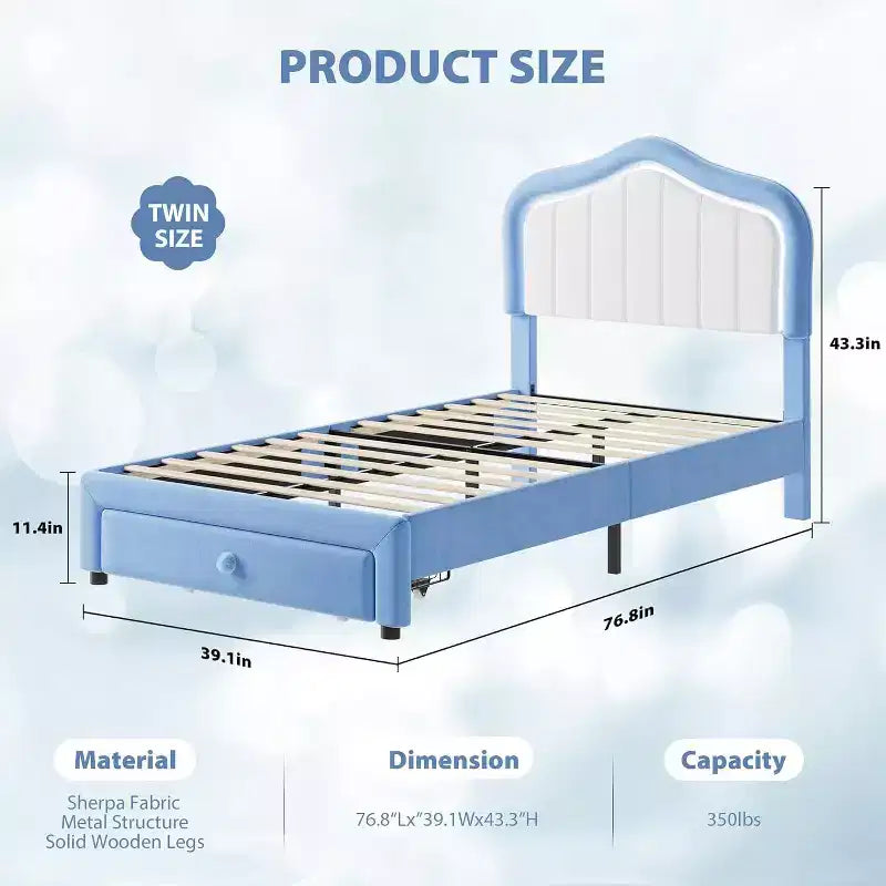 Struttura letto imbottita singola con cassetto contenitore per bambini, bambine, ragazzi, nessun materasso a molle necessario