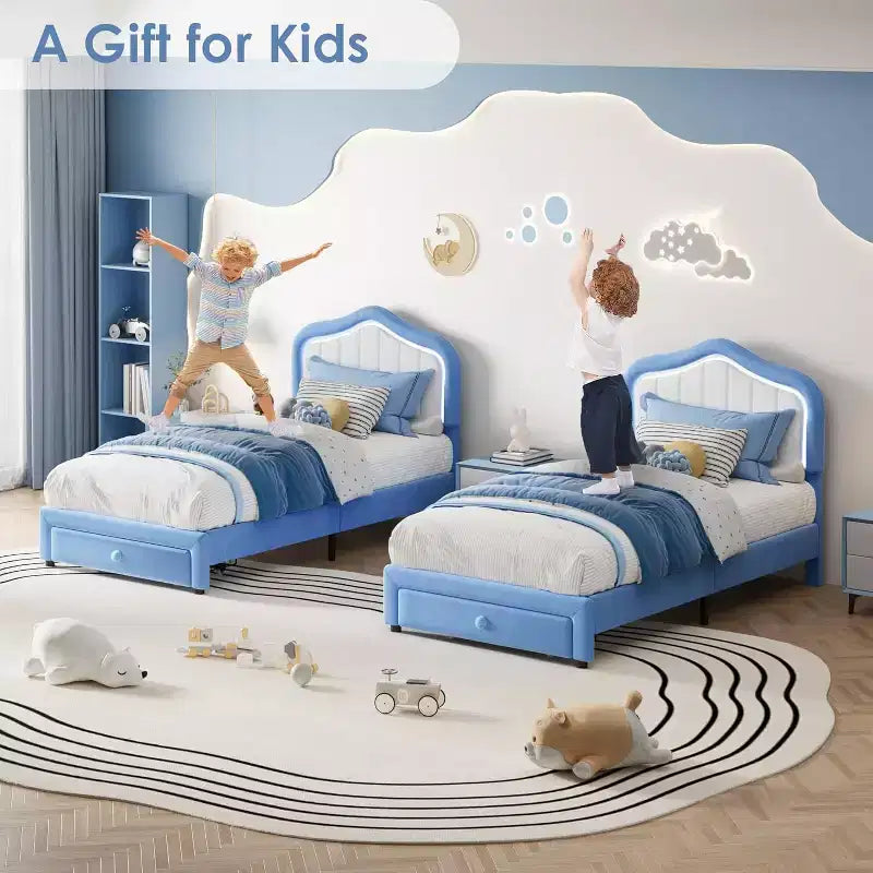 Struttura letto imbottita singola con cassetto contenitore per bambini, bambine, ragazzi, nessun materasso a molle necessario