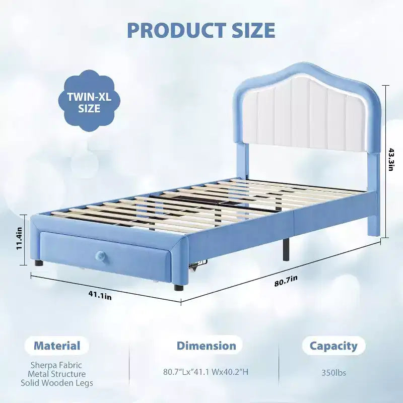 Struttura letto imbottita singola con cassetto contenitore per bambini, bambine, ragazzi, nessun materasso a molle necessario