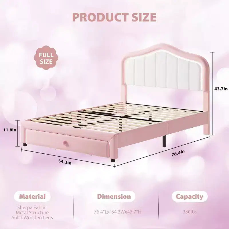 Struttura letto imbottita singola con cassetto contenitore per bambini, bambine, ragazzi, nessun materasso a molle necessario