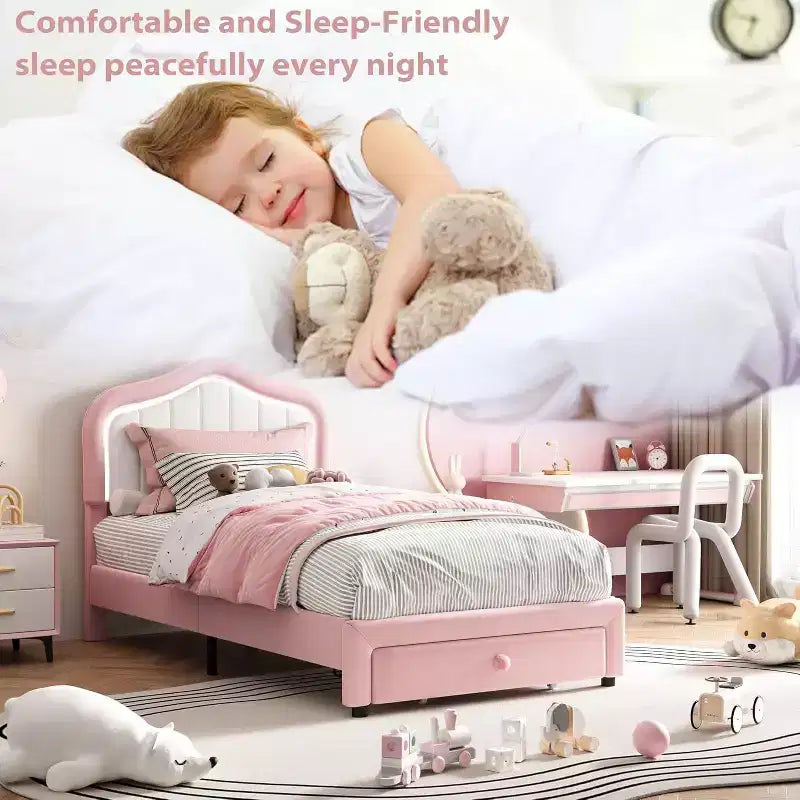 Struttura letto imbottita singola con cassetto contenitore per bambini, bambine, ragazzi, nessun materasso a molle necessario