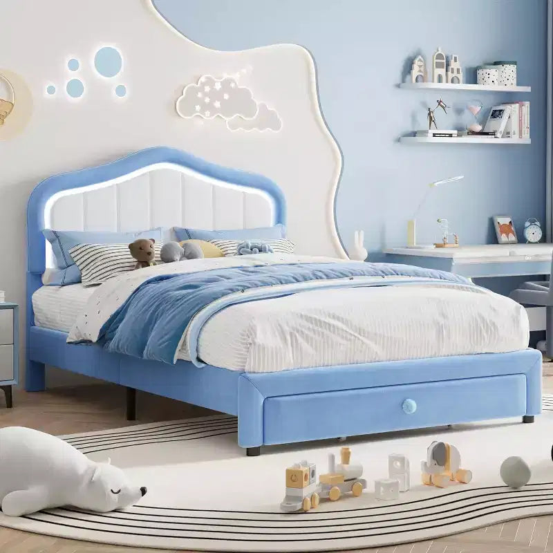 Struttura letto imbottita singola con cassetto contenitore per bambini, bambine, ragazzi, nessun materasso a molle necessario