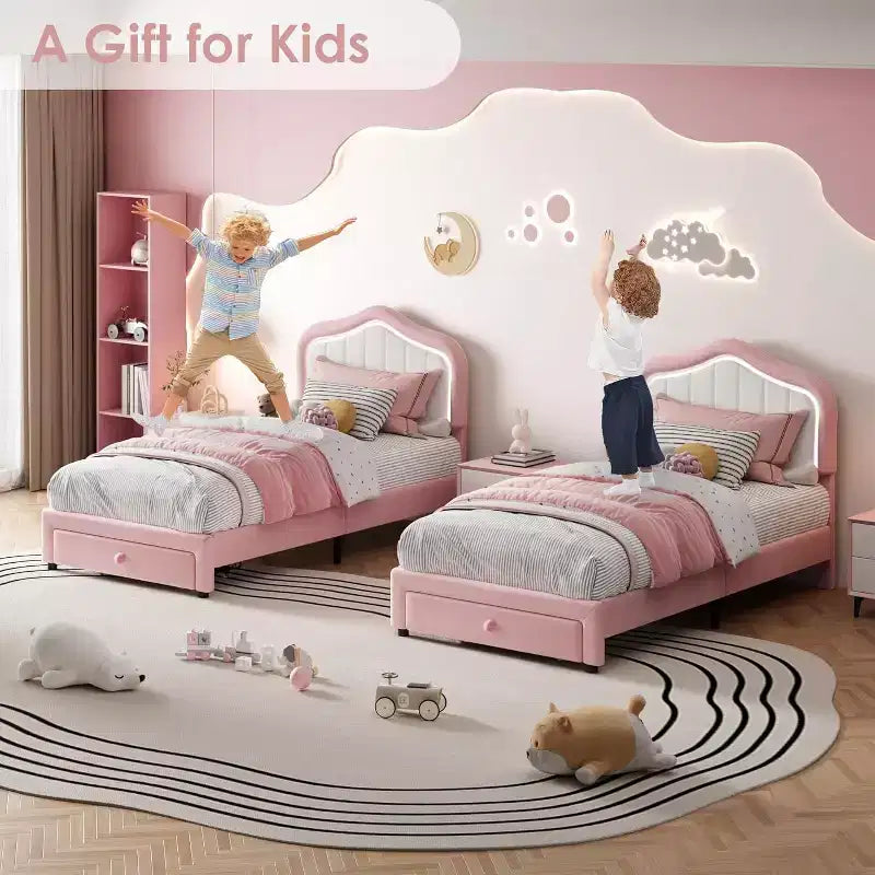 Struttura letto imbottita singola con cassetto contenitore per bambini, bambine, ragazzi, nessun materasso a molle necessario