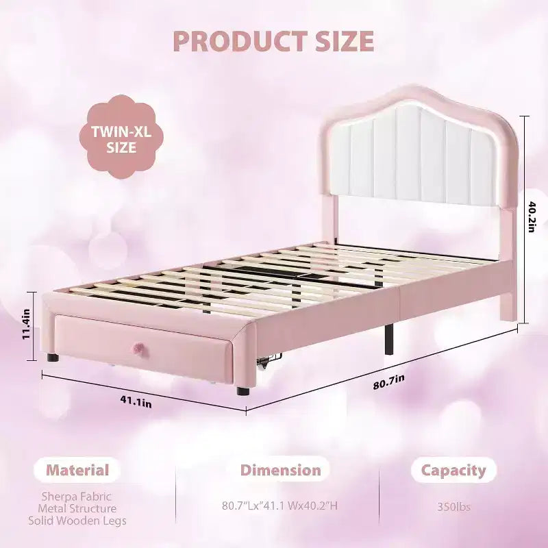 Struttura letto imbottita singola con cassetto contenitore per bambini, bambine, ragazzi, nessun materasso a molle necessario