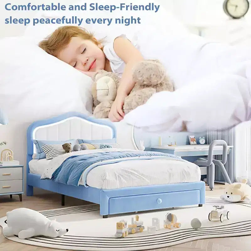Struttura letto imbottita singola con cassetto contenitore per bambini, bambine, ragazzi, nessun materasso a molle necessario