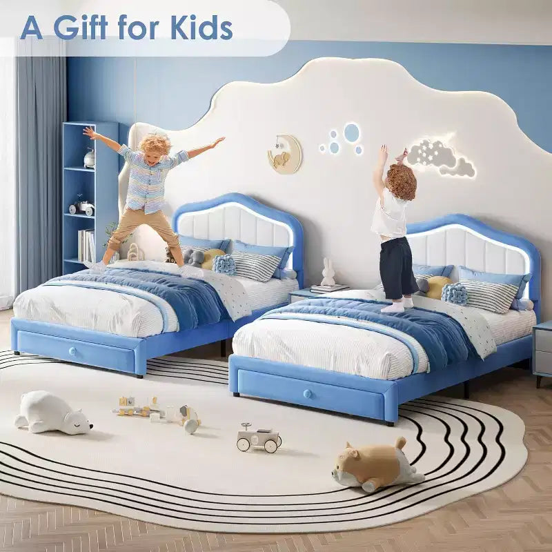Struttura letto imbottita singola con cassetto contenitore per bambini, bambine, ragazzi, nessun materasso a molle necessario