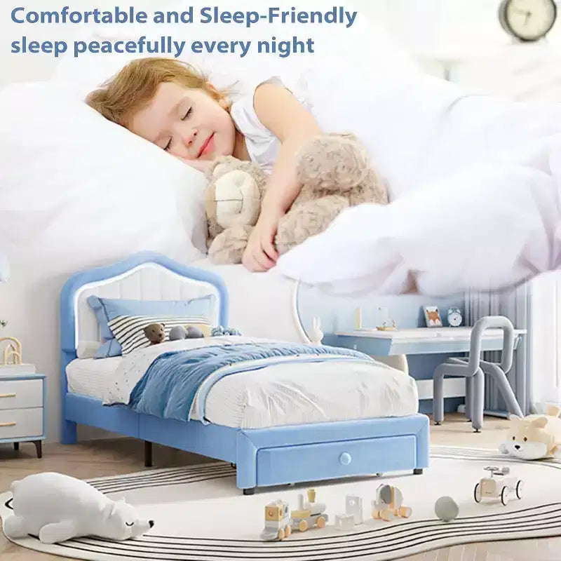 Struttura letto imbottita singola con cassetto contenitore per bambini, bambine, ragazzi, nessun materasso a molle necessario