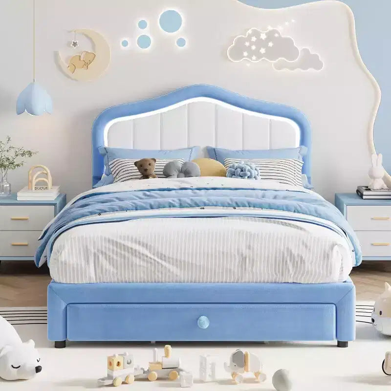 GustoWave Upholstered Twin Bed Frame with Storage Drawer for Kids, Girls, Boys, No Box Spring Needed