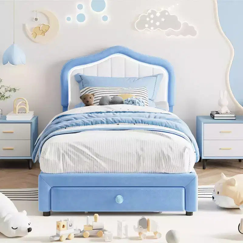 Struttura letto imbottita singola con cassetto contenitore per bambini, bambine, ragazzi, nessun materasso a molle necessario