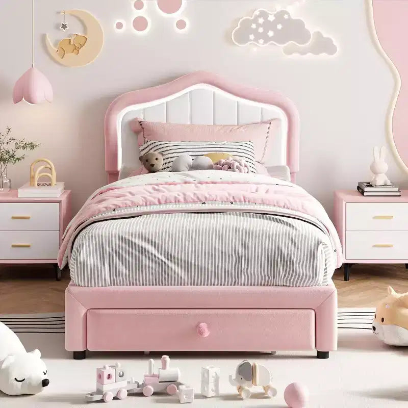 Struttura letto imbottita singola con cassetto contenitore per bambini, bambine, ragazzi, nessun materasso a molle necessario