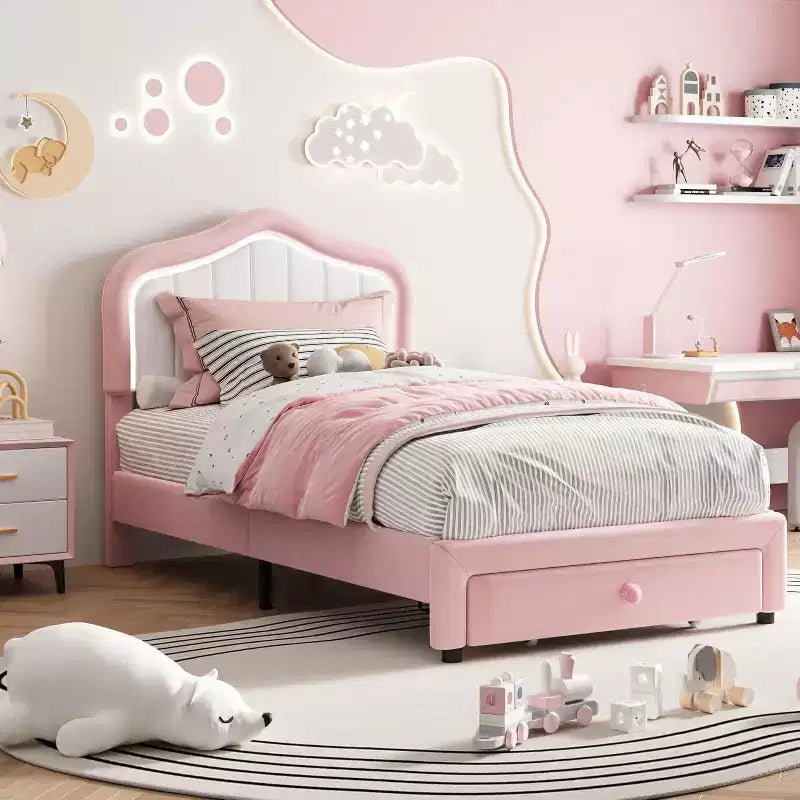 Struttura letto imbottita singola con cassetto contenitore per bambini, bambine, ragazzi, nessun materasso a molle necessario