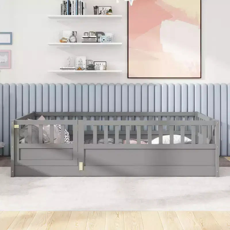 Okak Twin Size Floor Beds for Kids,Wooden Toddler Bed with Fence&Door,Children's Floor Bed for Girls,Boys,Pine Wood,Gray