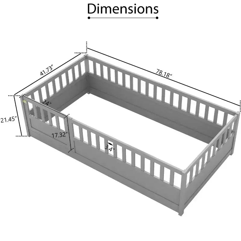 Letti a pavimento singoli per bambini, lettino per bambini in legno con recinzione e porta, letto a pavimento per bambine e bambini, in legno di pino, grigio