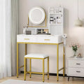 Girls Vanity Desk with Mirror and Lights Small Makeup Vanitys Set with Chair Fabric Drawers Power Outlet, Dressing Table Vanities for Bedroom