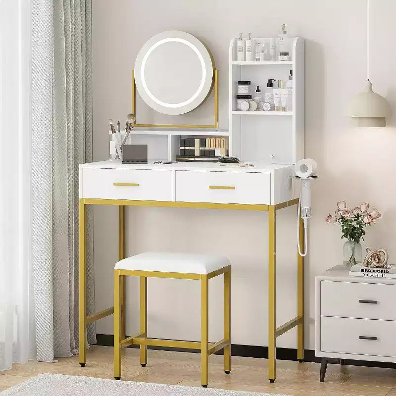 Girls Vanity Desk with Mirror and Lights Small Makeup Vanitys Set with Chair Fabric Drawers Power Outlet, Dressing Table Vanities for Bedroom
