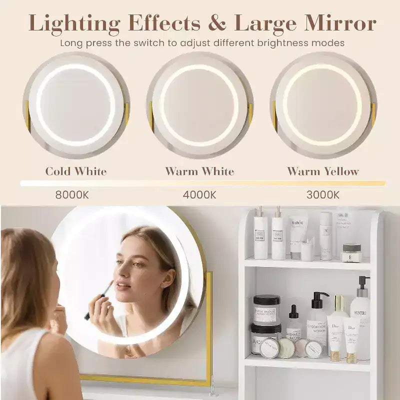 Toeletta per bambine con specchio e luci, Set trucco piccolo con sedia, cassetti in tessuto, presa di corrente, Scrivania da trucco per camera da letto