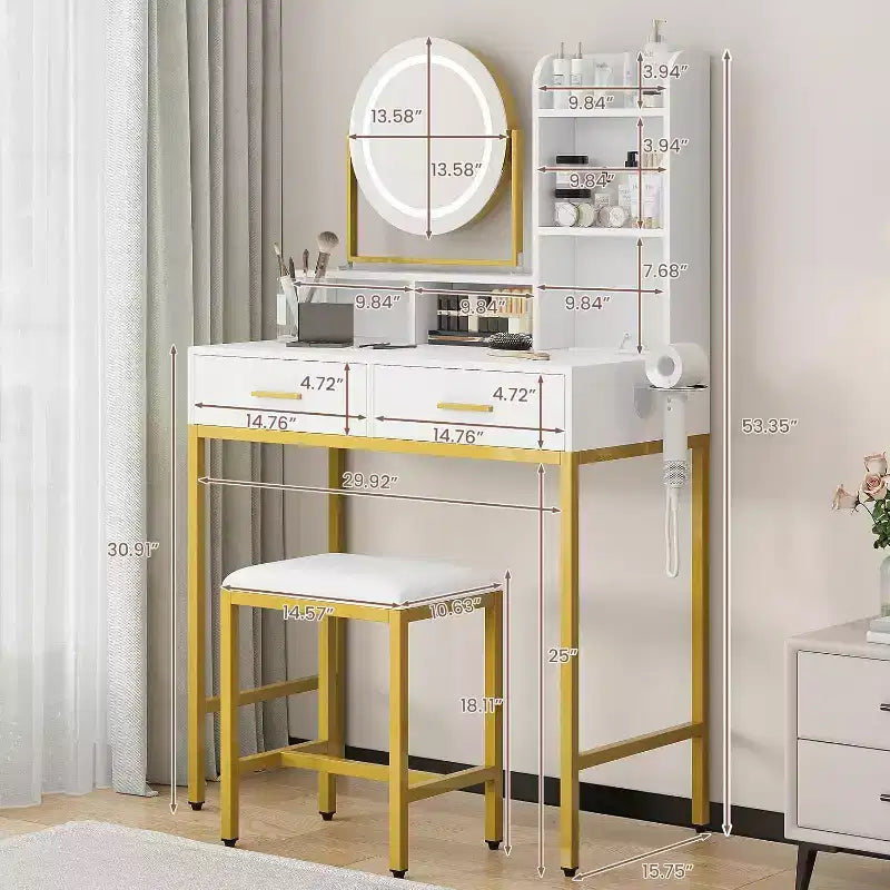 Toeletta per bambine con specchio e luci, Set trucco piccolo con sedia, cassetti in tessuto, presa di corrente, Scrivania da trucco per camera da letto