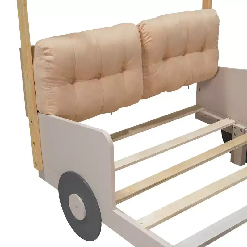 Letto per auto in legno Twin/Full con LED a forma di luce per auto, cuscino e panno per il soffitto, letto a piattaforma a forma di auto a pavimento basso per cameretta di bambini e bambine