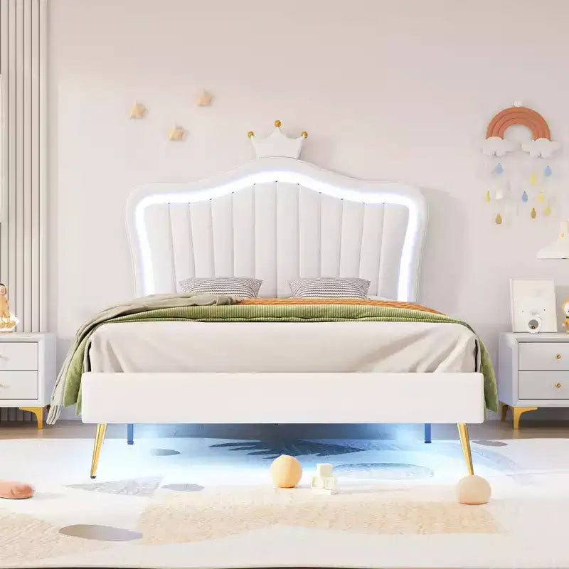 Struttura letto a LED singola/una piazza e mezza con testiera a corona, letti a piattaforma in PU imbottito per bambine con luce