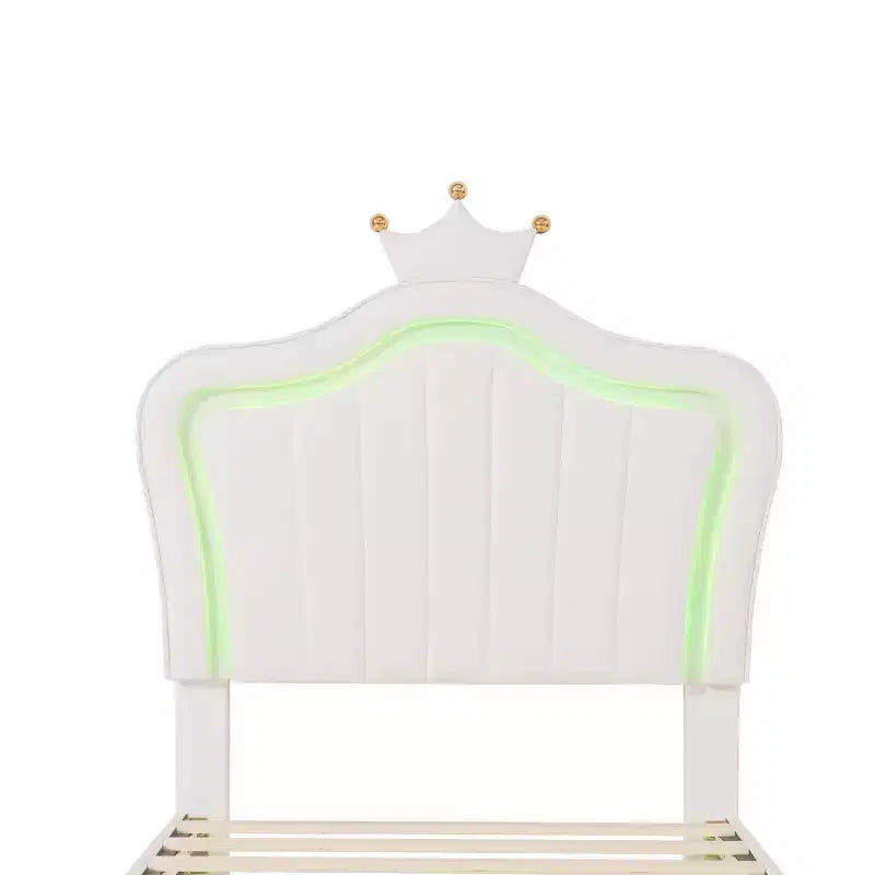 Struttura letto a LED singola/una piazza e mezza con testiera a corona, letti a piattaforma in PU imbottito per bambine con luce