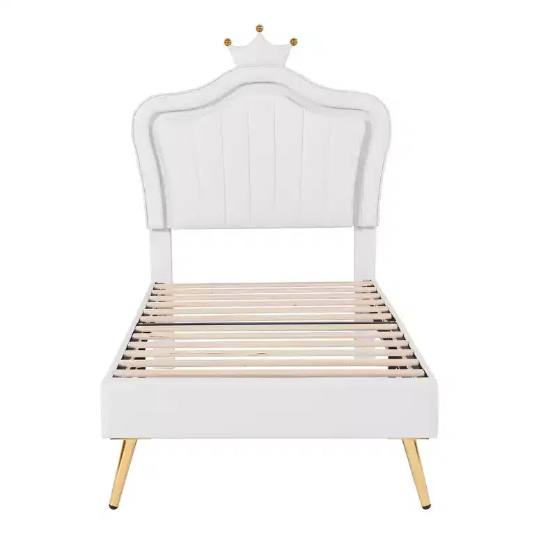 Struttura letto a LED singola/una piazza e mezza con testiera a corona, letti a piattaforma in PU imbottito per bambine con luce