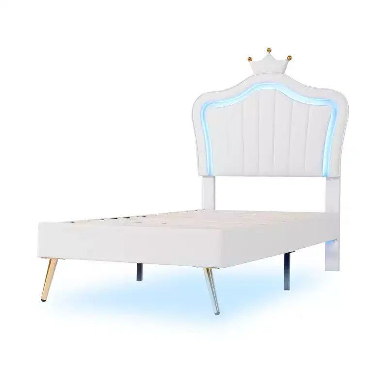 Struttura letto a LED singola/una piazza e mezza con testiera a corona, letti a piattaforma in PU imbottito per bambine con luce