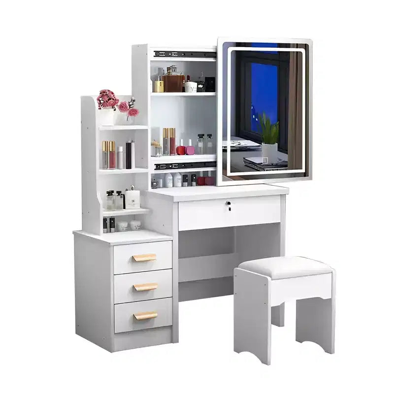 Moderna scrivania con specchio grande, mobile trucco con 4 cassetti e mensole, specchiera con sedia per camera da letto, camerino, bianco