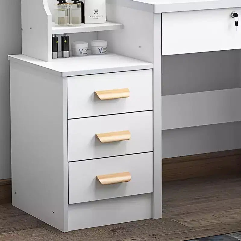 Moderna scrivania con specchio grande, mobile trucco con 4 cassetti e mensole, specchiera con sedia per camera da letto, camerino, bianco