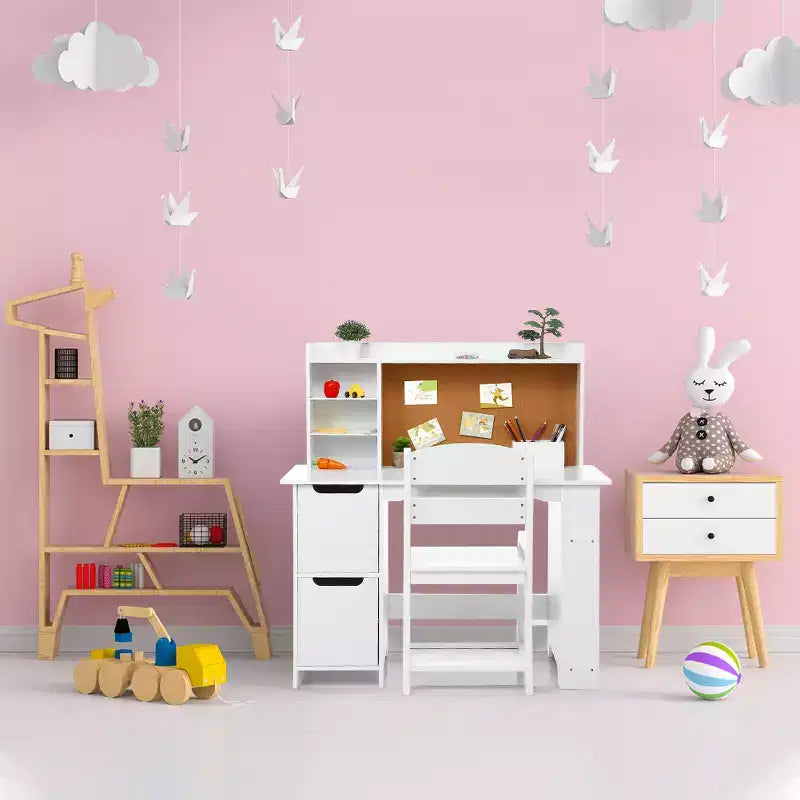 Set scrivania e sedia per bambini con libreria, lavagna e armadietto - Tavolo da studio in legno per bambini e bambine dai 3 agli 8 anni