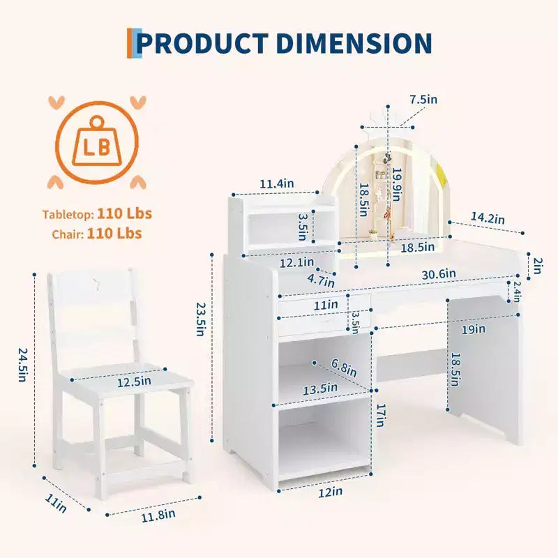 Toeletta per bambini con specchio a forma di corona, set 2-in-1 tavolo e sedia con armadietto, libreria e cassetto per bambine
