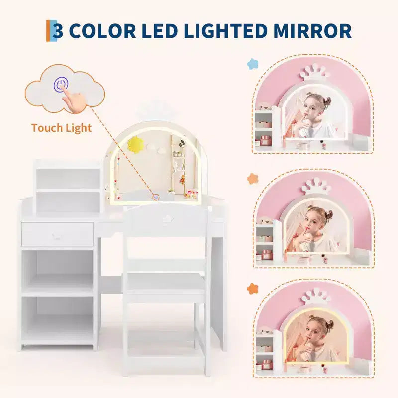 Toeletta per bambini con specchio a forma di corona, set 2-in-1 tavolo e sedia con armadietto, libreria e cassetto per bambine