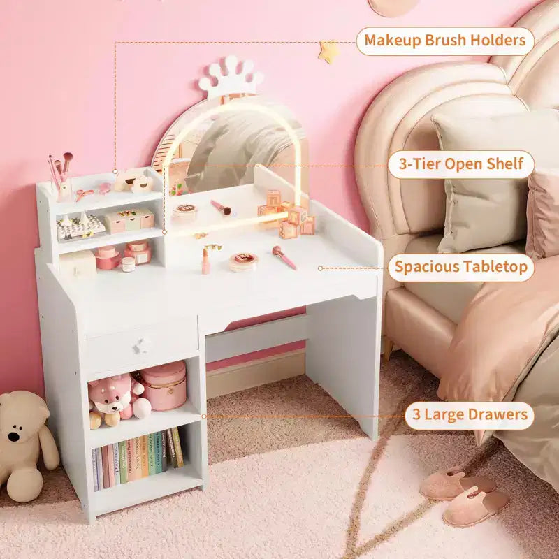 Toeletta per bambini con specchio a forma di corona, set 2-in-1 tavolo e sedia con armadietto, libreria e cassetto per bambine