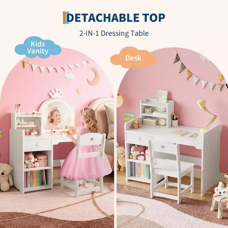 Toeletta per bambini con specchio a forma di corona, set 2-in-1 tavolo e sedia con armadietto, libreria e cassetto per bambine
