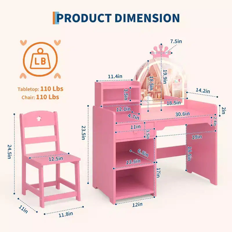 Toeletta per bambini con specchio a forma di corona, set 2-in-1 tavolo e sedia con armadietto, libreria e cassetto per bambine
