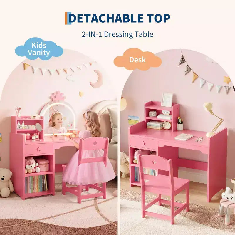 Toeletta per bambini con specchio a forma di corona, set 2-in-1 tavolo e sedia con armadietto, libreria e cassetto per bambine