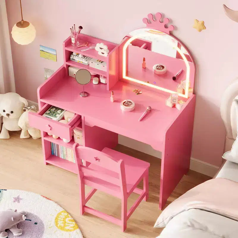 Toeletta per bambini con specchio a forma di corona, set 2-in-1 tavolo e sedia con armadietto, libreria e cassetto per bambine