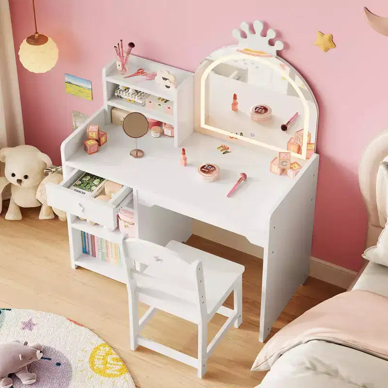 Toeletta per bambini con specchio a forma di corona, set 2-in-1 tavolo e sedia con armadietto, libreria e cassetto per bambine