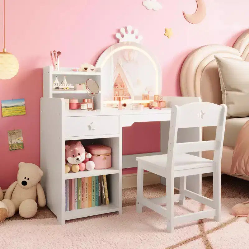 Toeletta per bambini con specchio a forma di corona, set 2-in-1 tavolo e sedia con armadietto, libreria e cassetto per bambine
