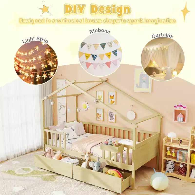 Letto a capanna con 2 cassetti portaoggetti, tetto e sponde, testiera e pediera