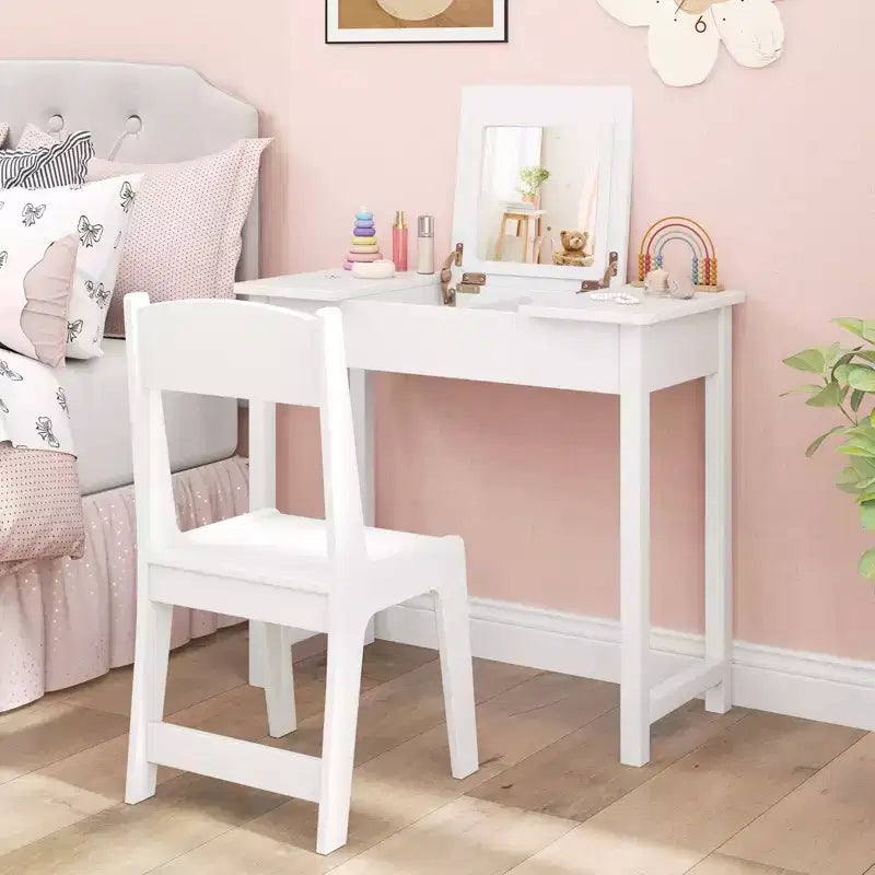 Set Tavolo Toeletta e Sedia per Bambini, Scrivania da Trucco 2-in-1 per Principesse