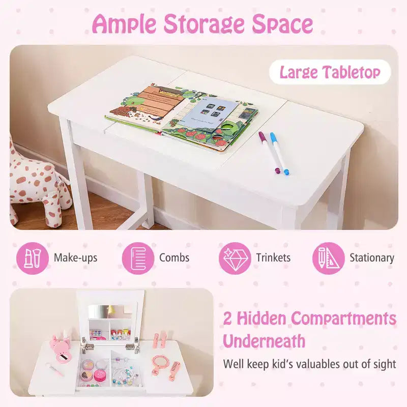 Set Tavolo Toeletta e Sedia per Bambini, Scrivania da Trucco 2-in-1 per Principesse