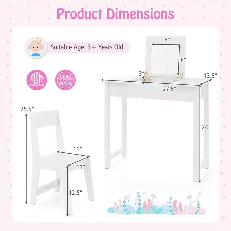 Set Tavolo Toeletta e Sedia per Bambini, Scrivania da Trucco 2-in-1 per Principesse