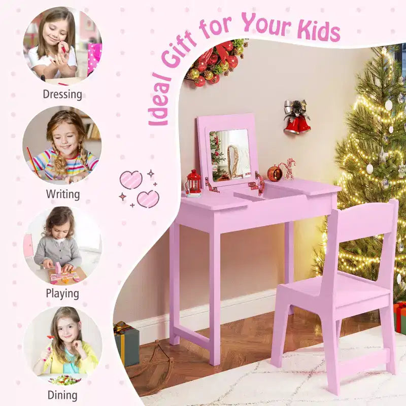 Set Tavolo Toeletta e Sedia per Bambini, Scrivania da Trucco 2-in-1 per Principesse