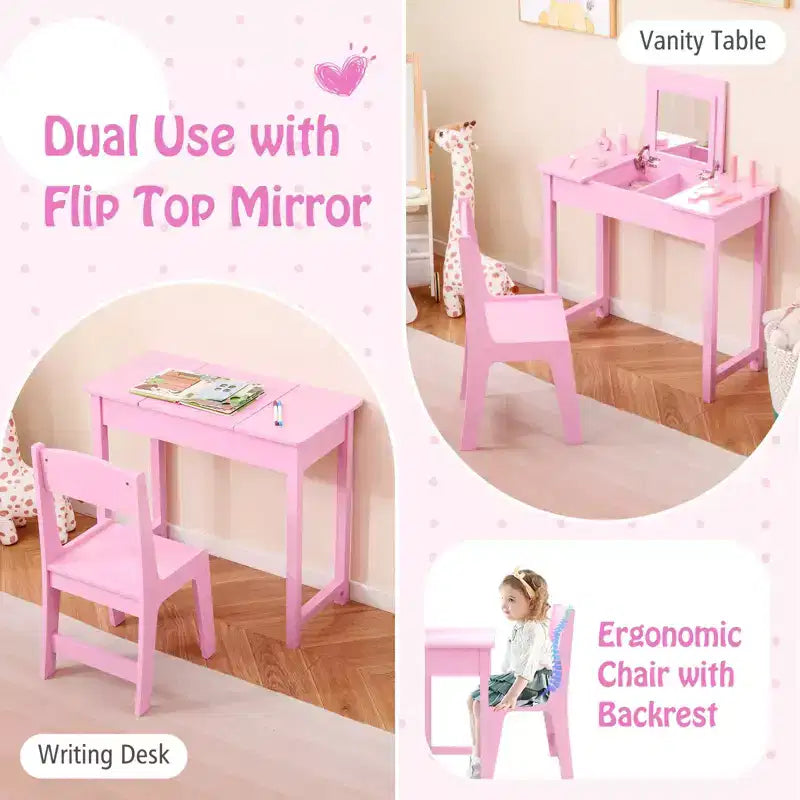Set Tavolo Toeletta e Sedia per Bambini, Scrivania da Trucco 2-in-1 per Principesse