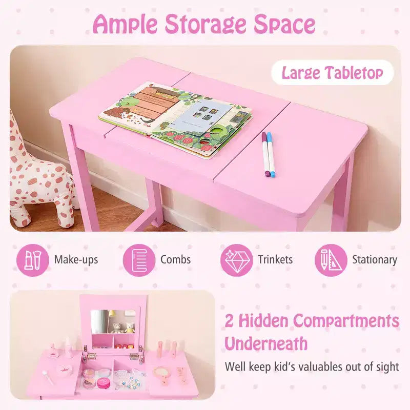 Set Tavolo Toeletta e Sedia per Bambini, Scrivania da Trucco 2-in-1 per Principesse